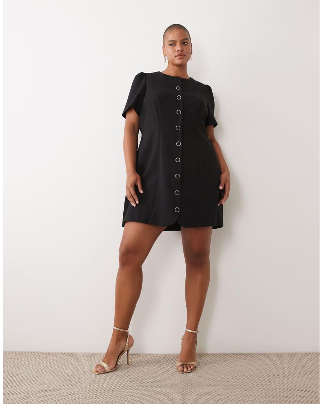 Forever New Black Structured Puff Sleeve Button Down Mini Dress