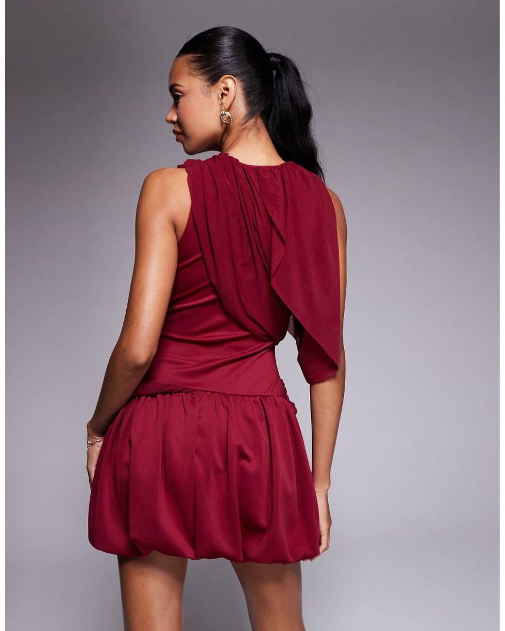 ASOS Red Drape Shoulder Mini Dress With Puff Skirt