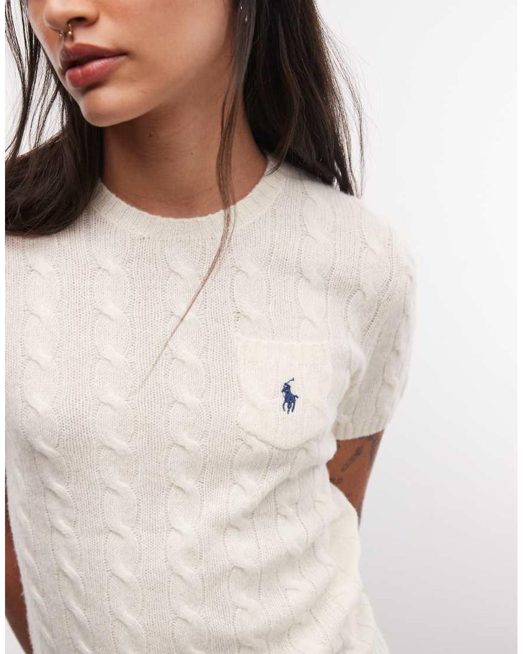 Polo Ralph Lauren White Icon Logo Slim Fit Cotton Cable Knit Short Sleeved Jumper
