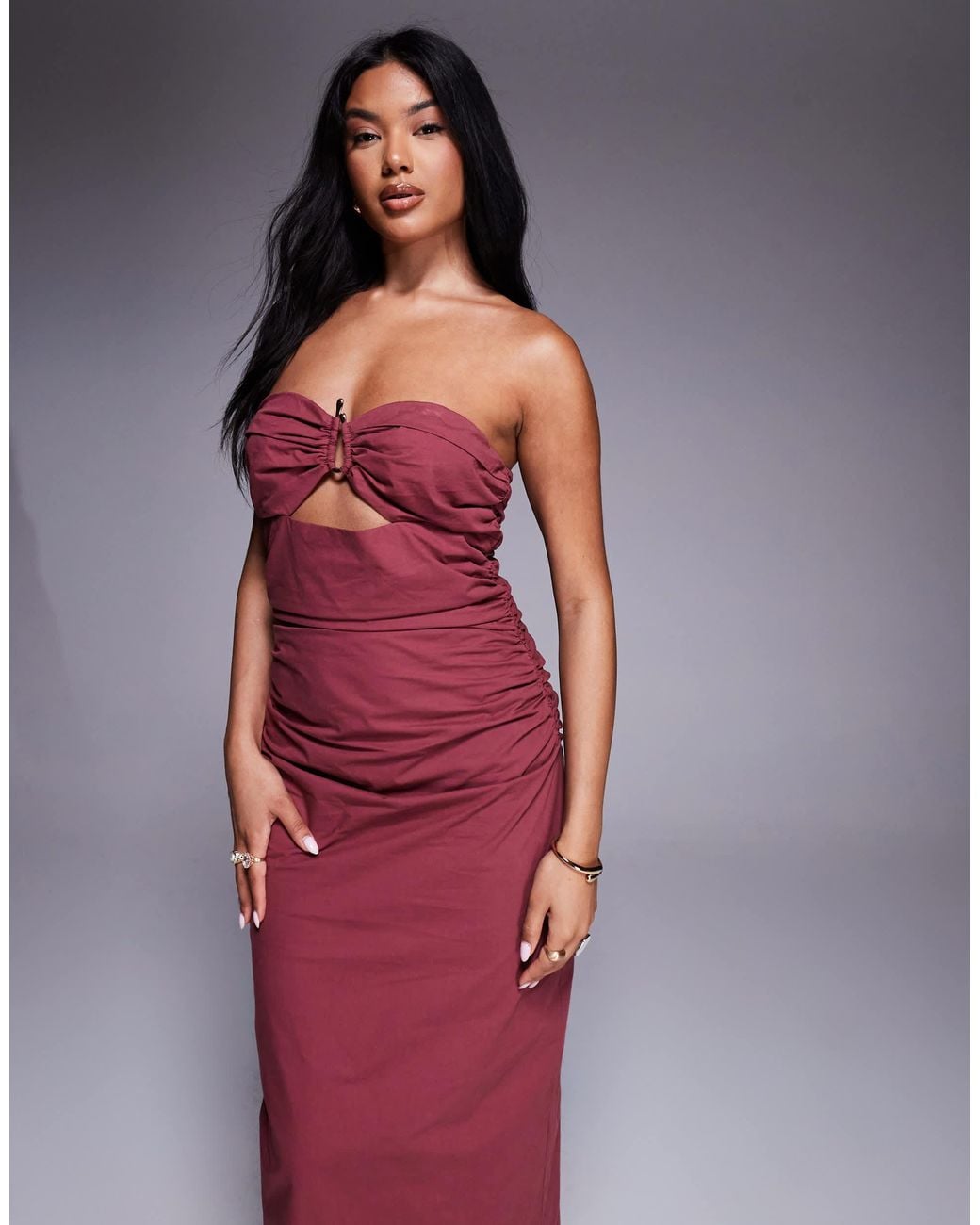 4th & Reckless Linen Look Bandeau Gold Hardware Detail Cut-out Maxi Dress  in Purple | Lyst