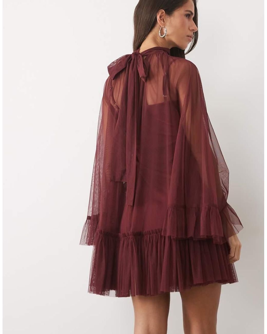 LACE & BEADS Red Tulle Sheer Overlay Bell Sleeve Ruffle Hem Mini Dress