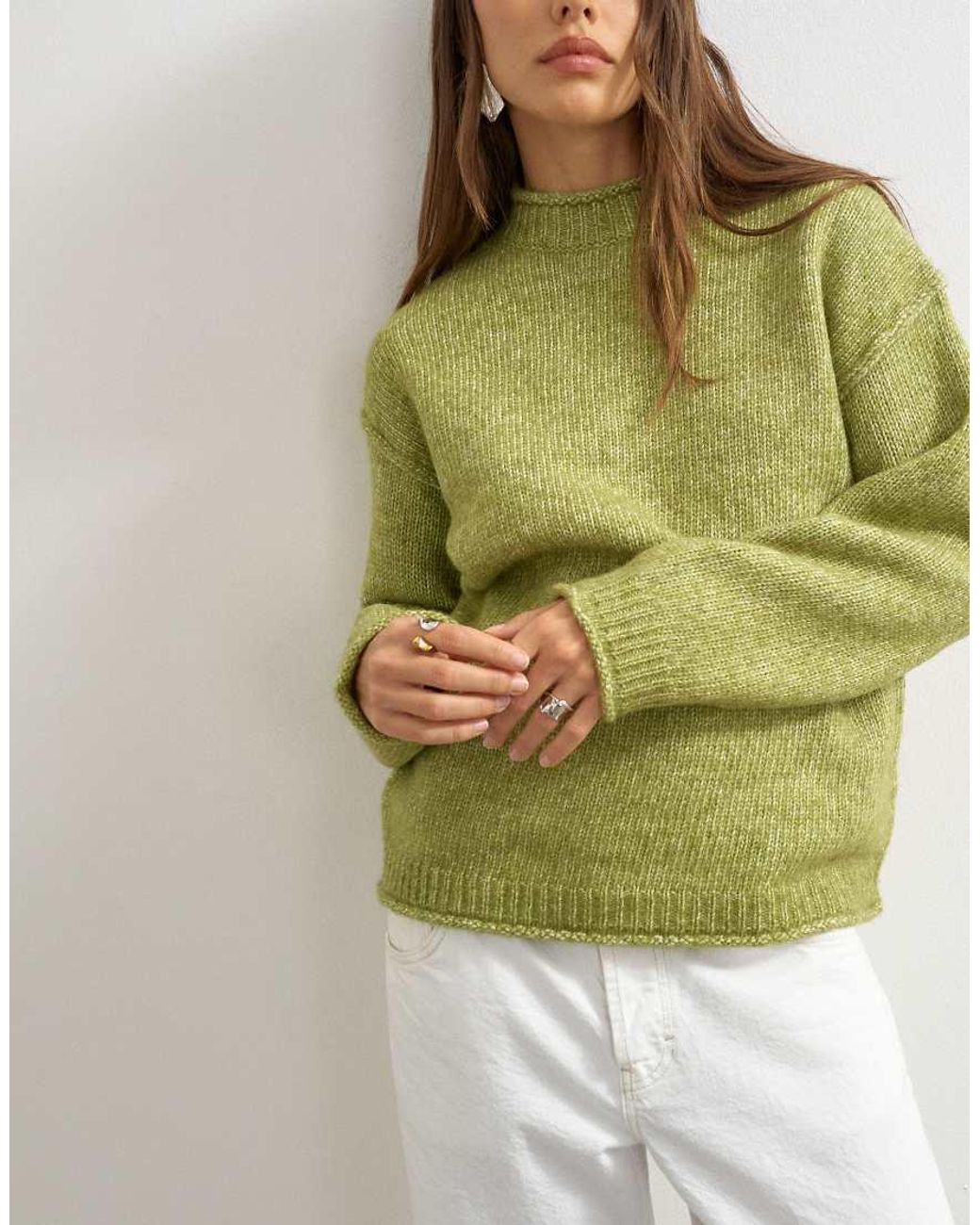 TOPSHOP Green Knitted Wool Blend Roll Edge Chunky Sweater