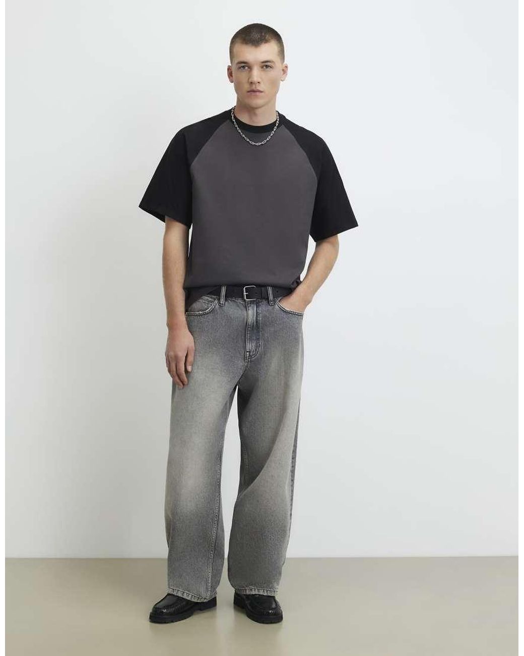 River Island Gray Oversized Fit Raglan Sleeve T-Shirt for men