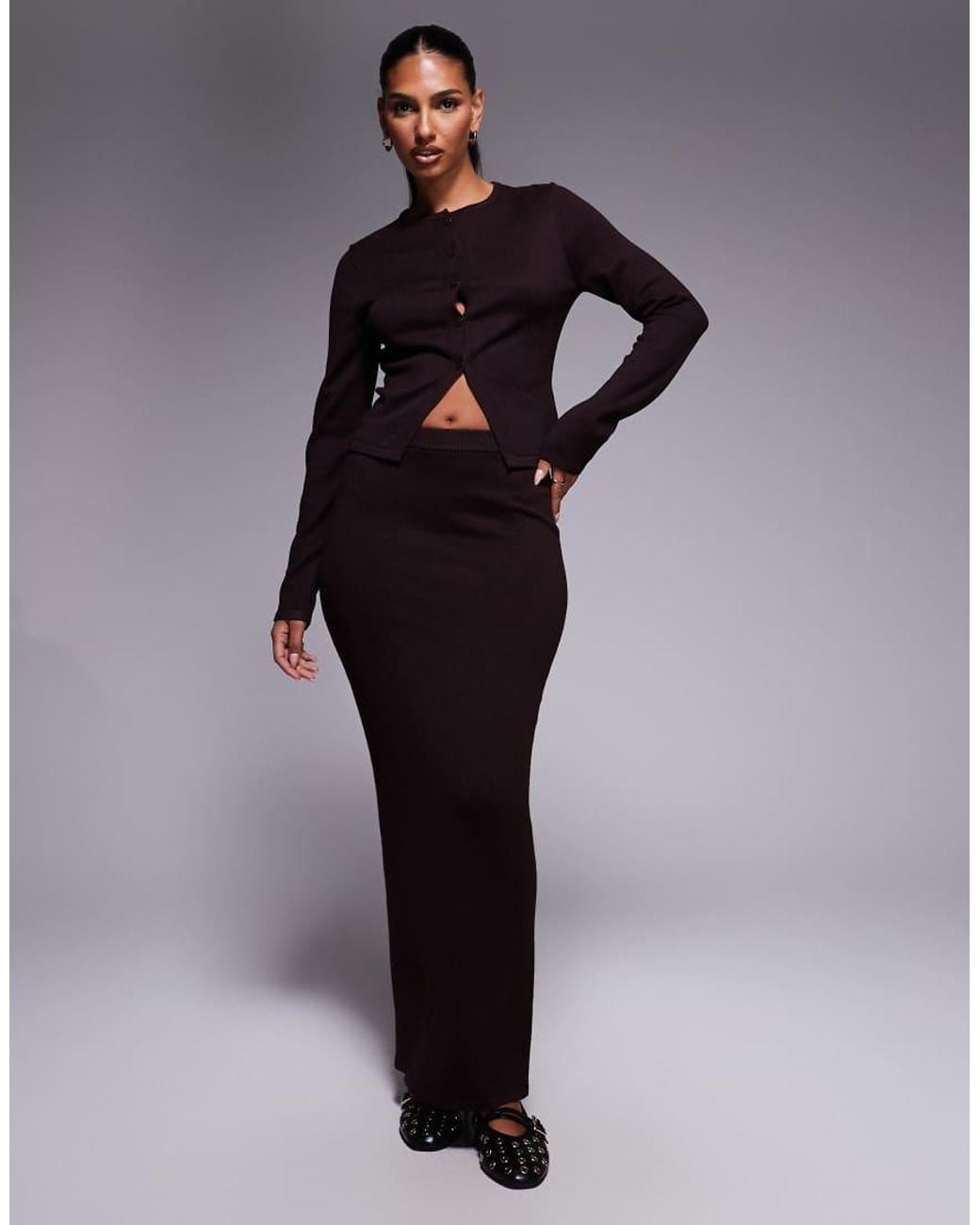 Kaiia Blue Exclusive Button Through Split Front Long Sleeve Cardigan Co-ord Chocolate