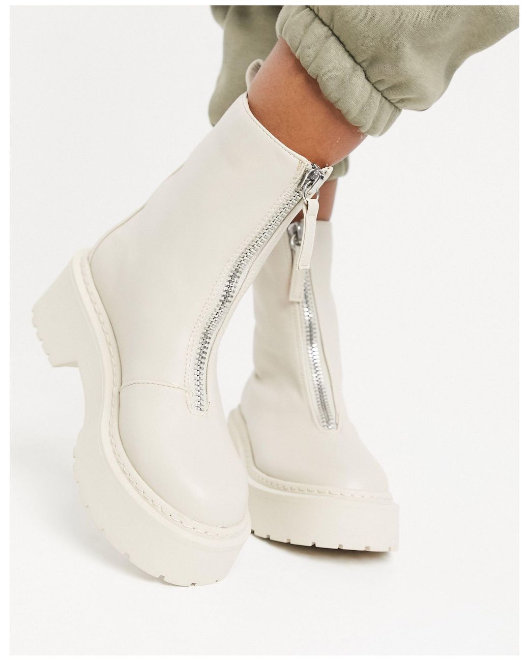 Missguided Chunky Ankle Boot With Zip Up Detail in Natural | Lyst