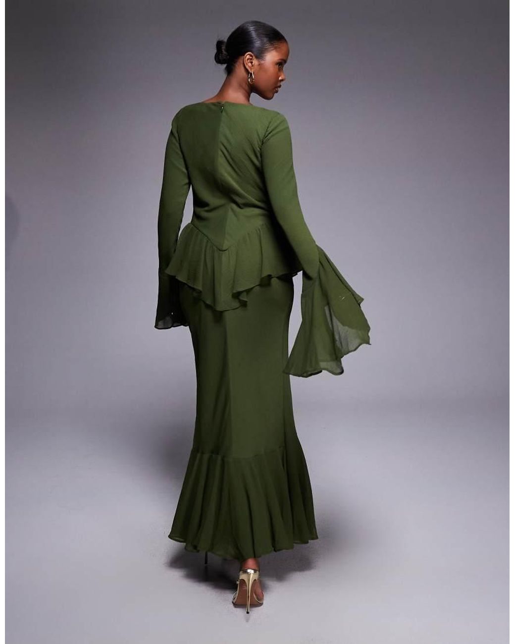 ASOS Green Long Sleeve Ruffle Maxi Dress