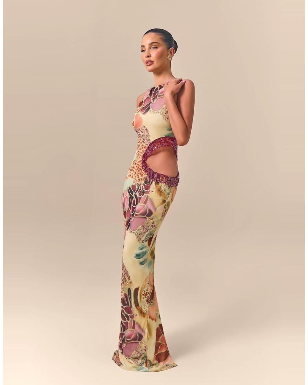Wanderdoll Brown X Emma Milton Azura Premium Mesh Sculpt Cut Out Embelished Detail Maxi Dress
