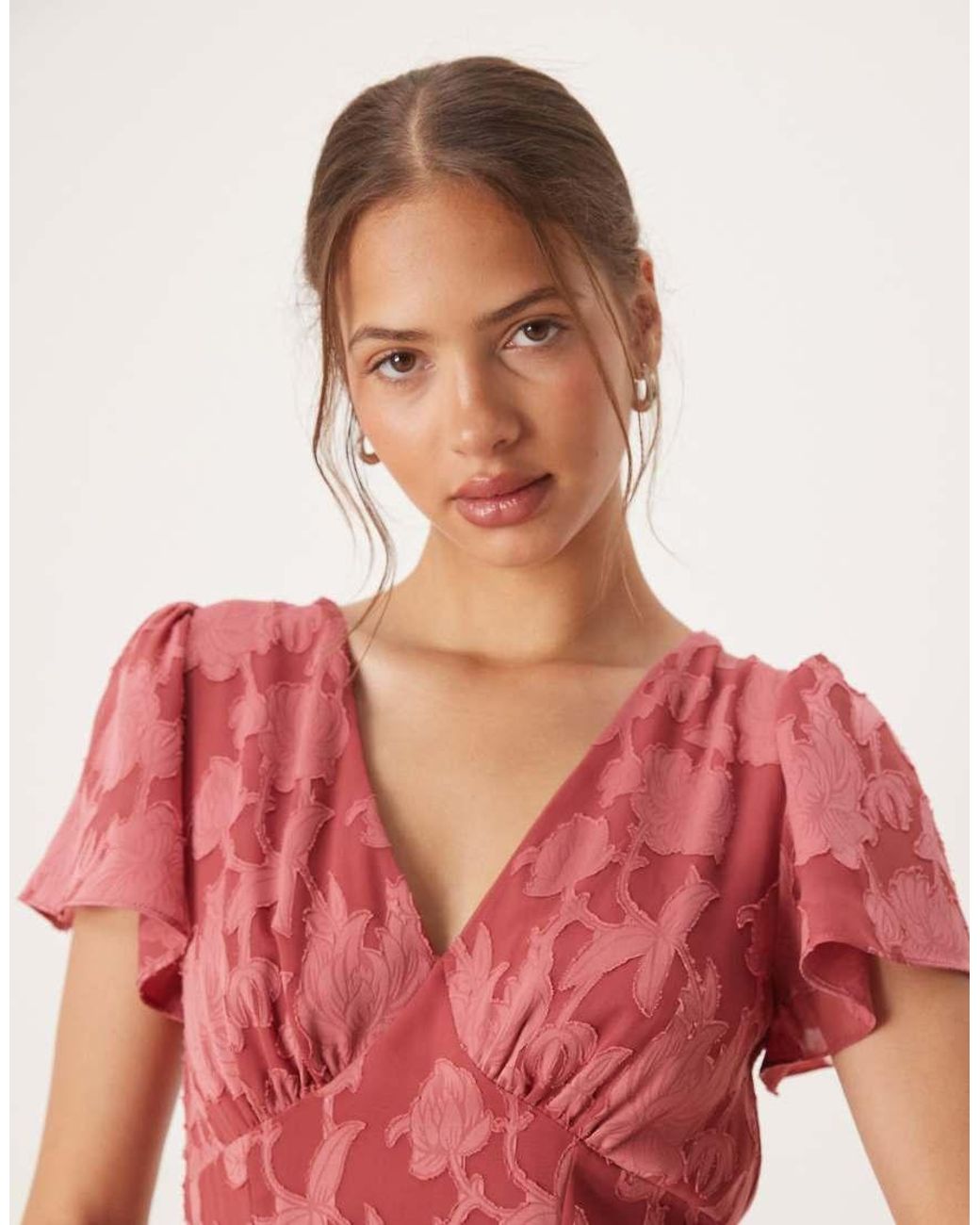 ANAYA Red V Neck Short Sleeve Ruffle Midaxi Dress