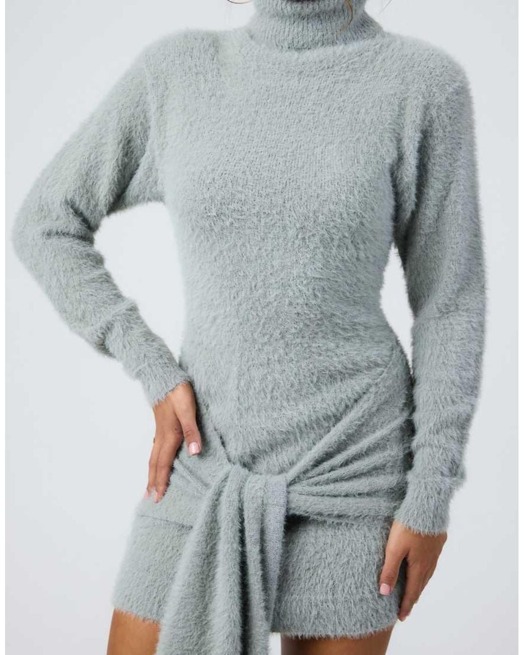 Aria Cove Gray Fluffy Knit Turtle Neck Knot Front Drape Detail Mini Dress