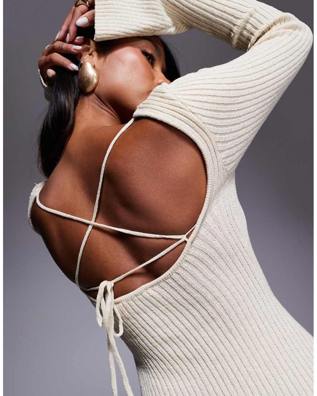 Princess Polly Gray Brownhall Ribbed Knit Flare Sleeve Open Tie Back Mini Dress