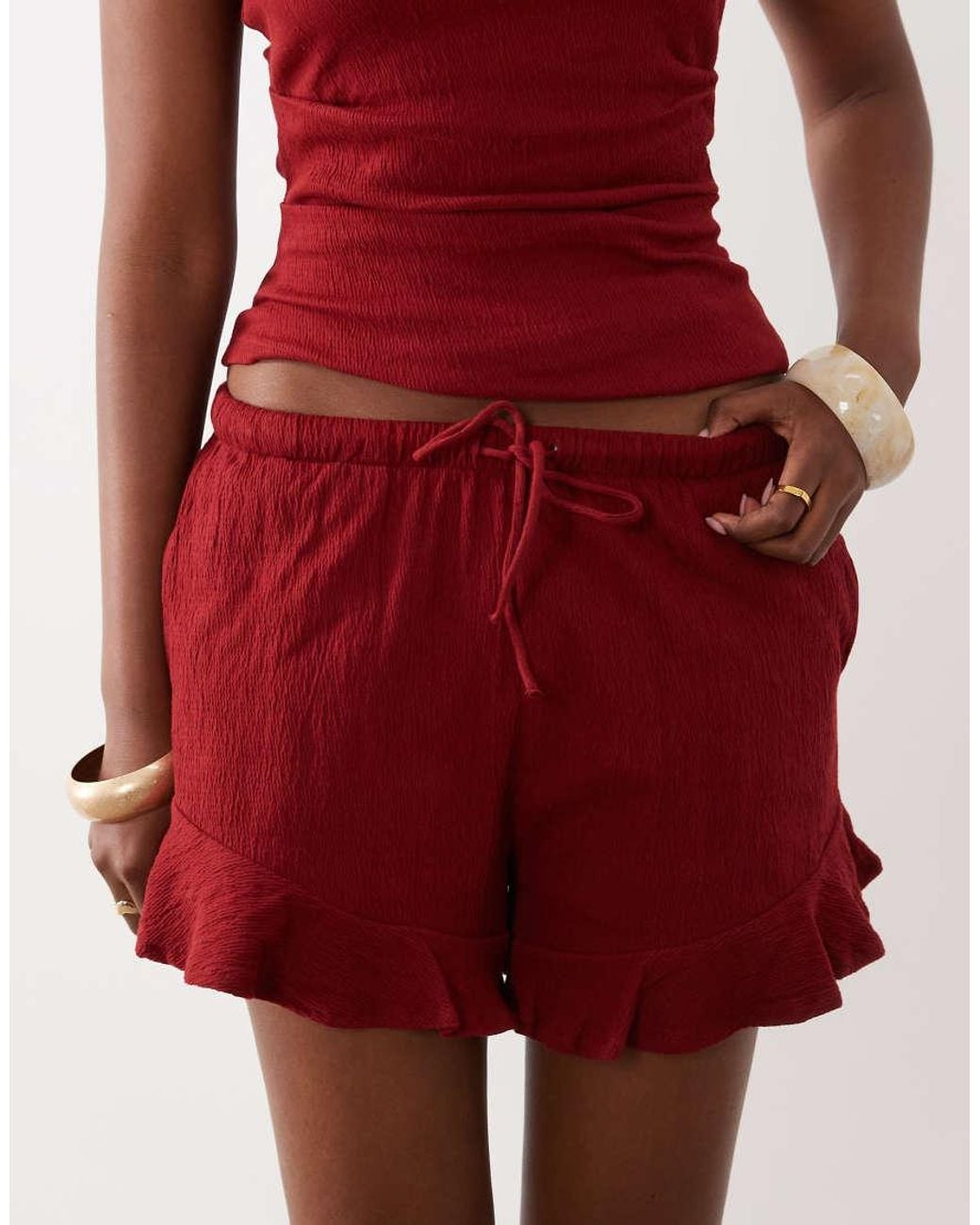 ASOS Red Mix & Match Cotton Crinkle Ruffle Hem Shorts