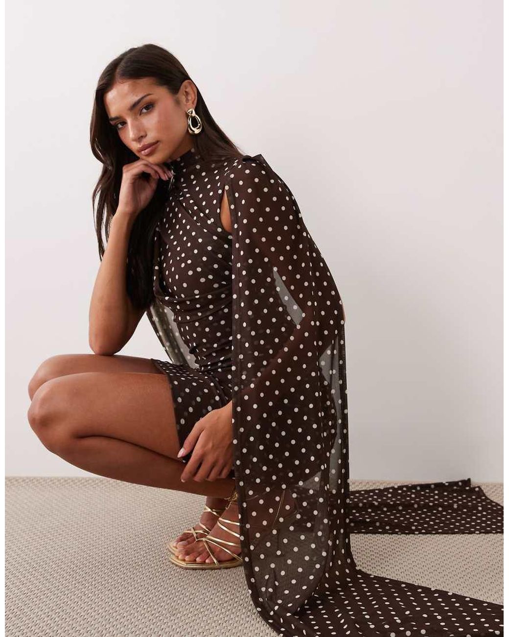 Ruched & Ready Brown Mesh High Neck Cape Detail Mini Dress