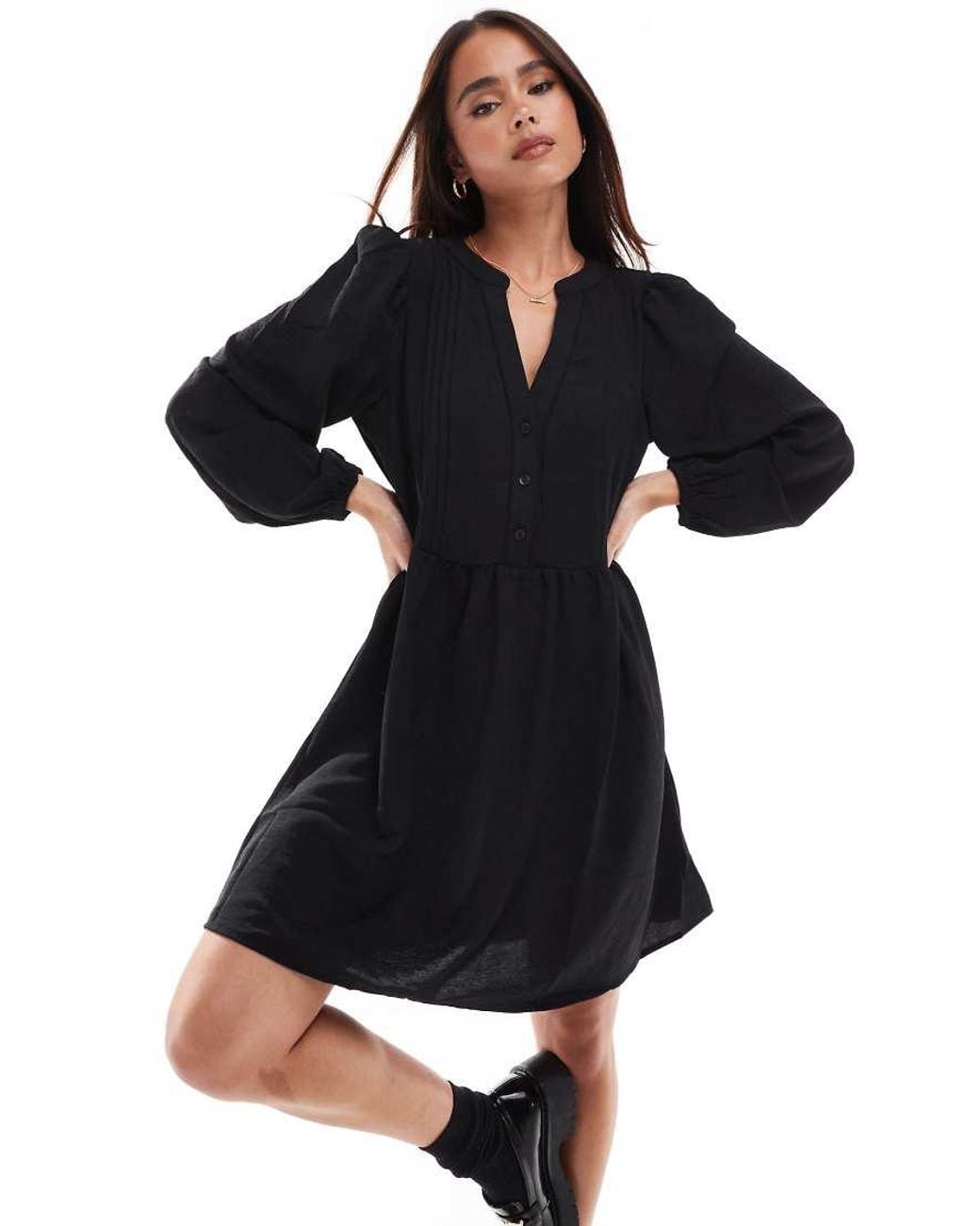 Vero Moda Black V-neck Smock Mini Dress With Puff Sleeves
