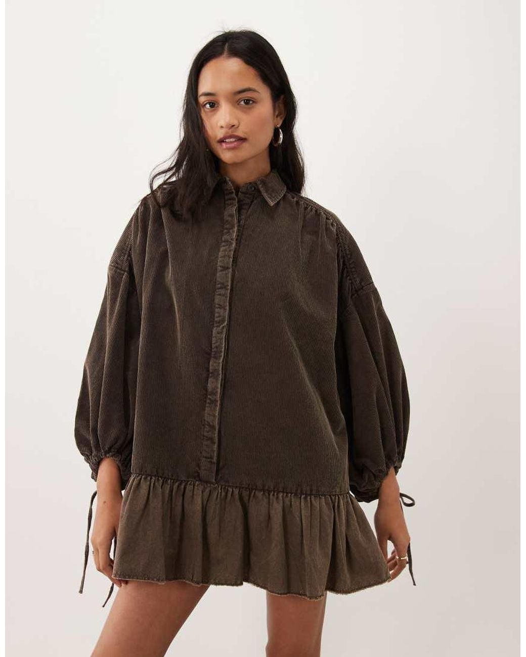 ASOS Natural Hybrid Cord Shirt Mini Dress With Balloon Sleeve And Voile Hem