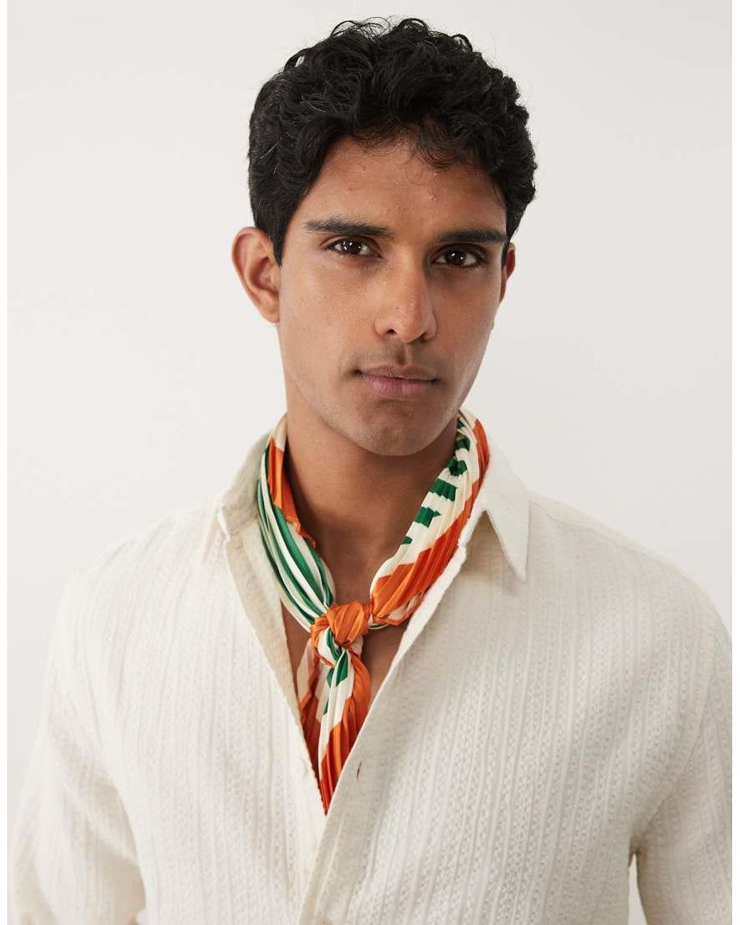 ASOS Green Crinkled Satin Scarf With Geometric Pattern for men