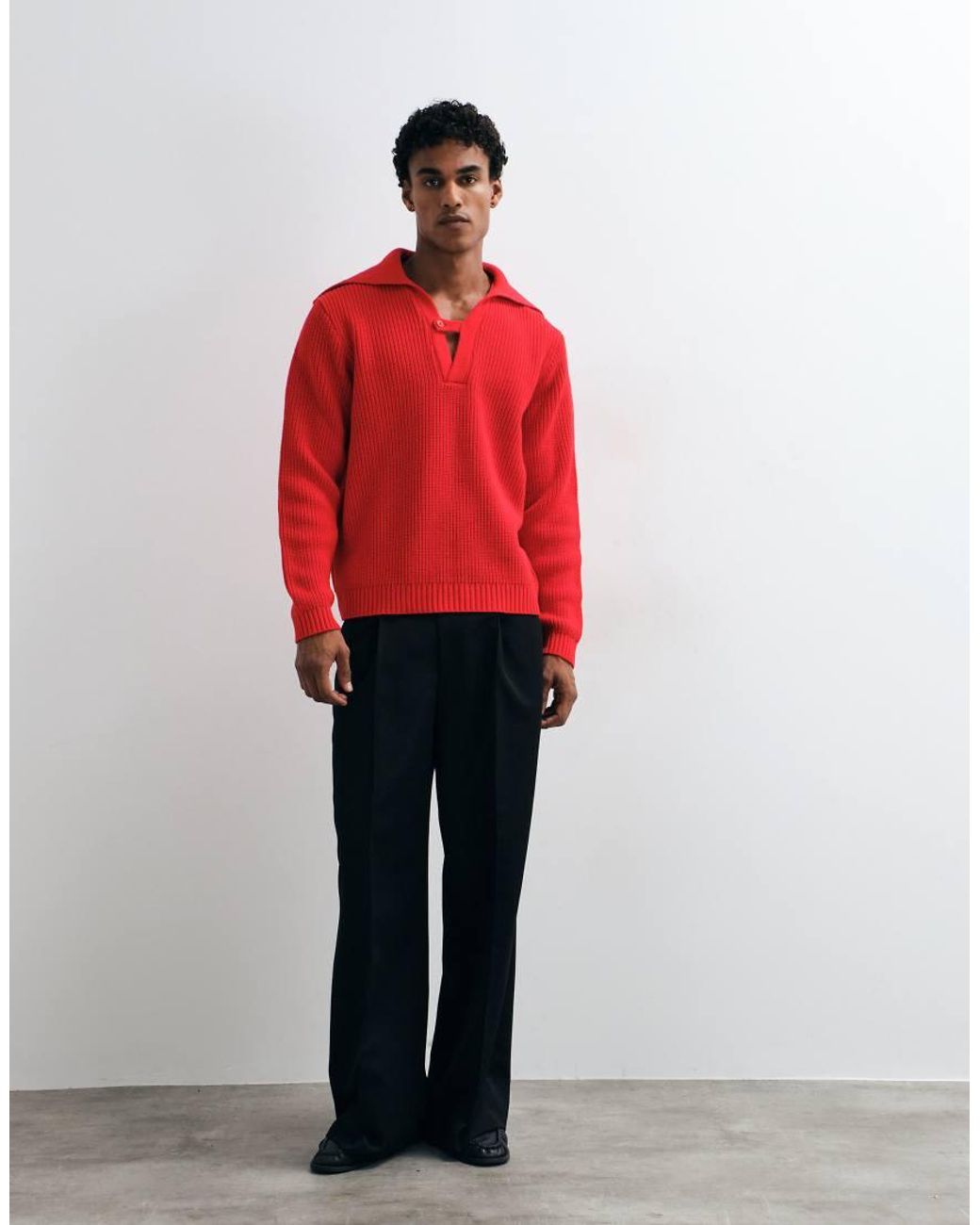 ASOS Red Knitted Relaxed Polo With Open Collar Detail for men