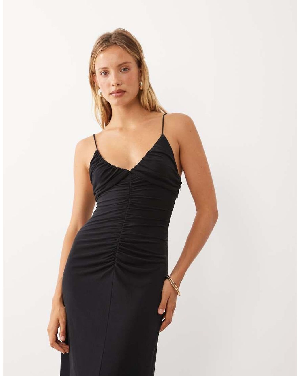Mango Black V Neck Strappy Ruched Midi Dress