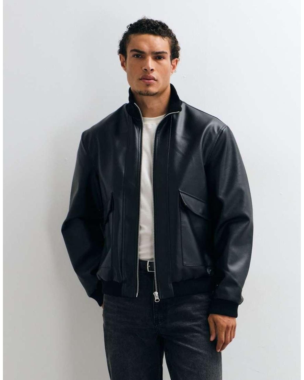 ASOS Blue Double Pocket Leather Look Bomber for men