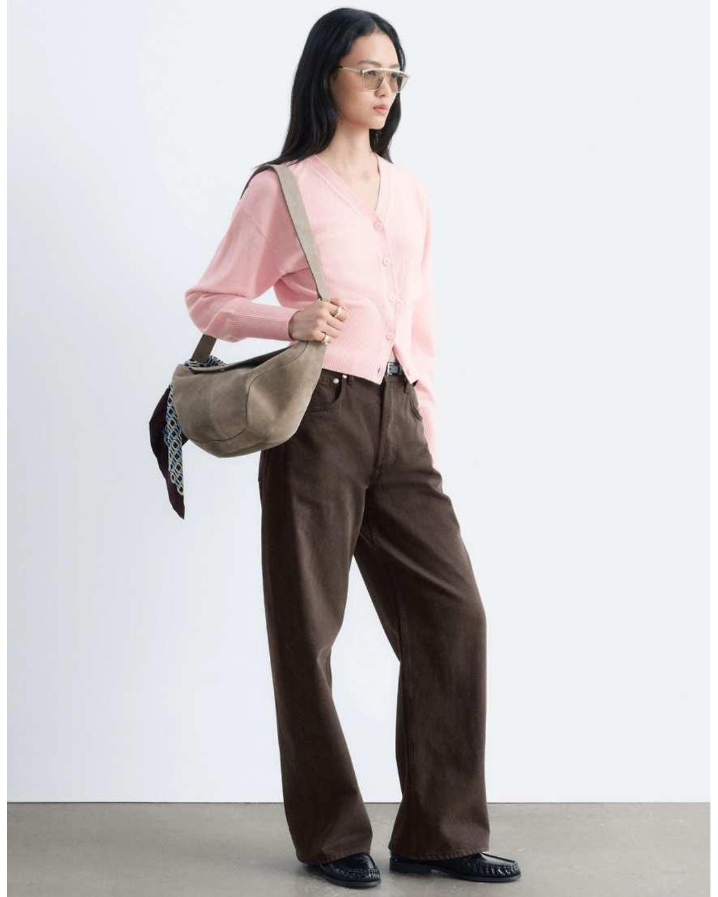 & Other Stories Pink 100% Wool Cuffed Sleeve V Neck Fitted Cardigan With Buttons