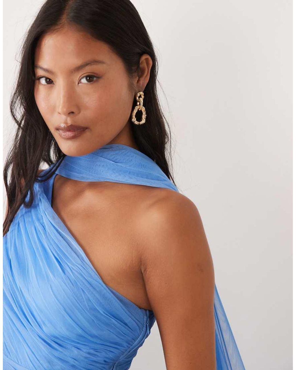 LACE & BEADS Blue One Shoulder Scarf Neck Maxi Dress