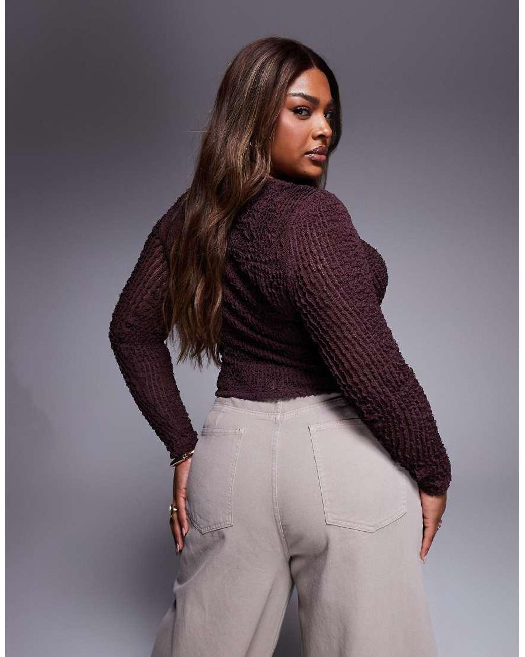 ASOS Purple Asos Design Curve Long Sleeve Textured Ruffle Top