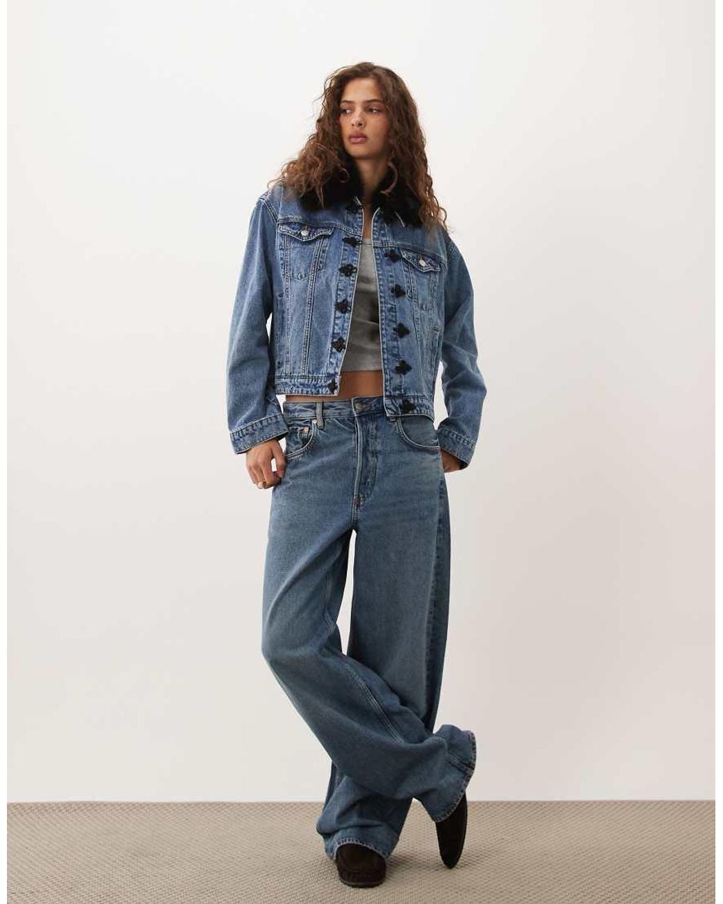 ASOS Blue Denim Jacket With Frogging Detail And Fur Collar