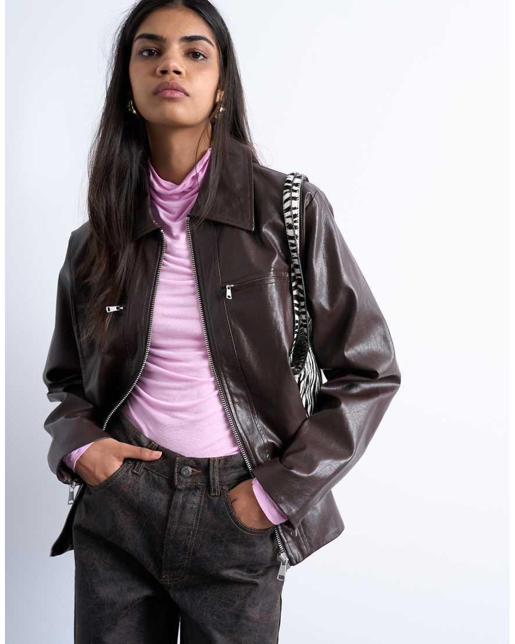 TOPSHOP Brown Faux Leather Clean Zip Through Jacket