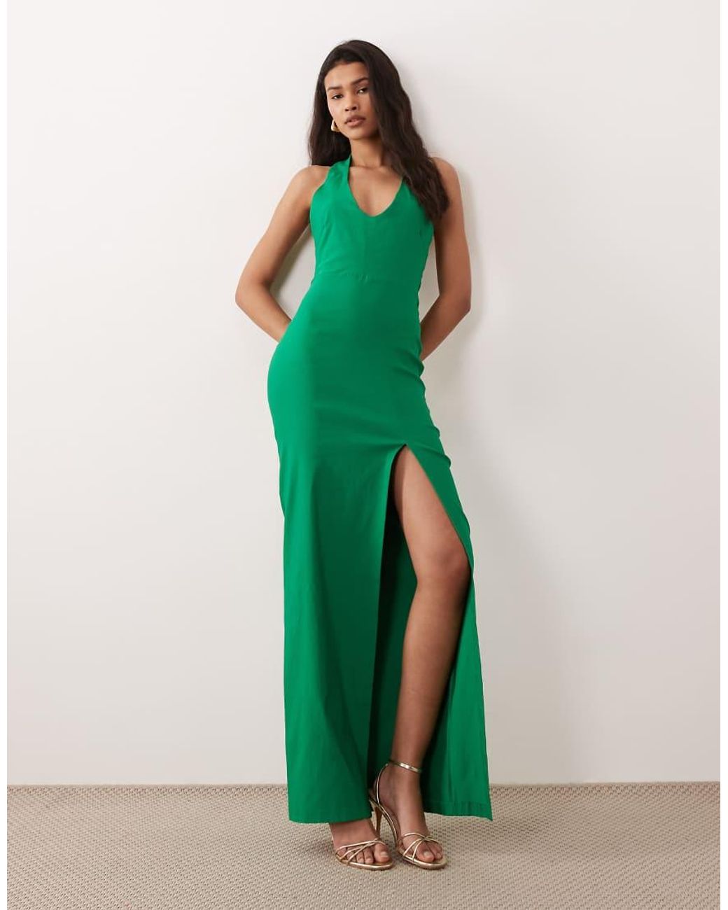 Vesper Green Bengaline V Neck Halterneck Thigh Split Maxi Dress
