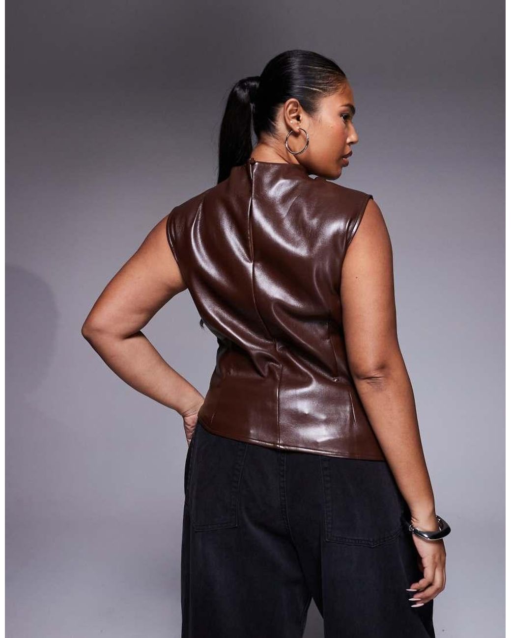ASOS Brown Asos Design Curve Leather Look Drape High Neck Asymmetric Smart Top