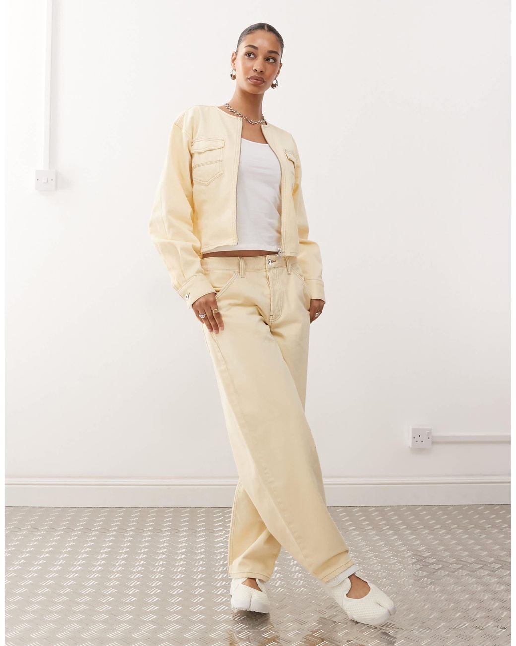 Collusion Natural Denim Fitted Jacket With Cinch-back Buckle