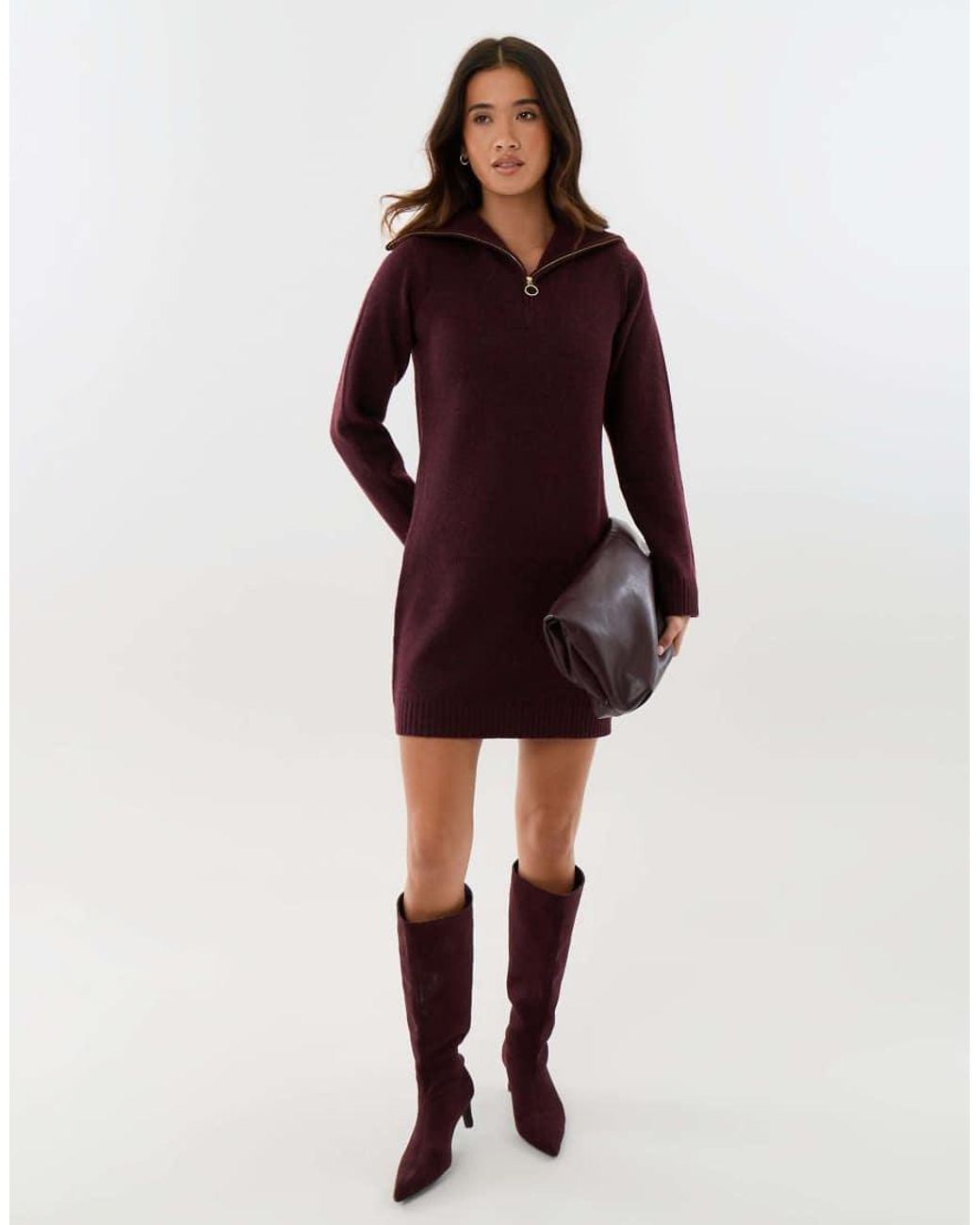 Threadbare Red Quarter Zip Brushed Knit Mini Dress