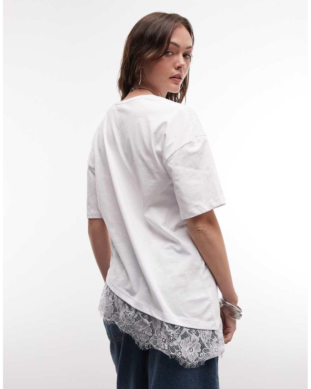 Noisy May Blue Oversized Asymetric T-shirt With Lace Hem