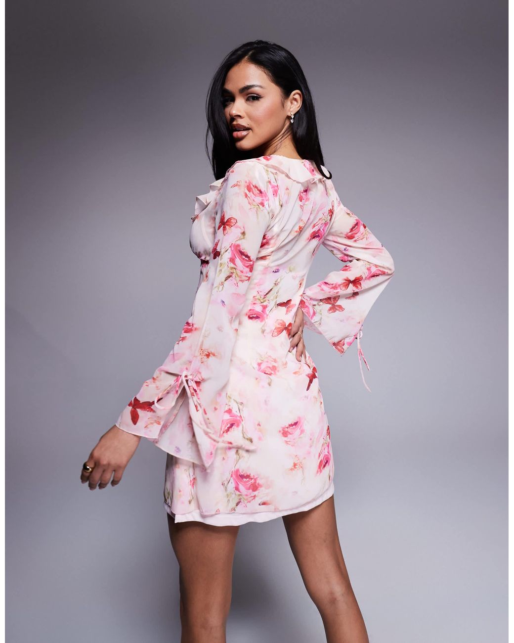 Love Triangle Long Sleeve Mini Dress With Ruffle Detail in Pink | Lyst