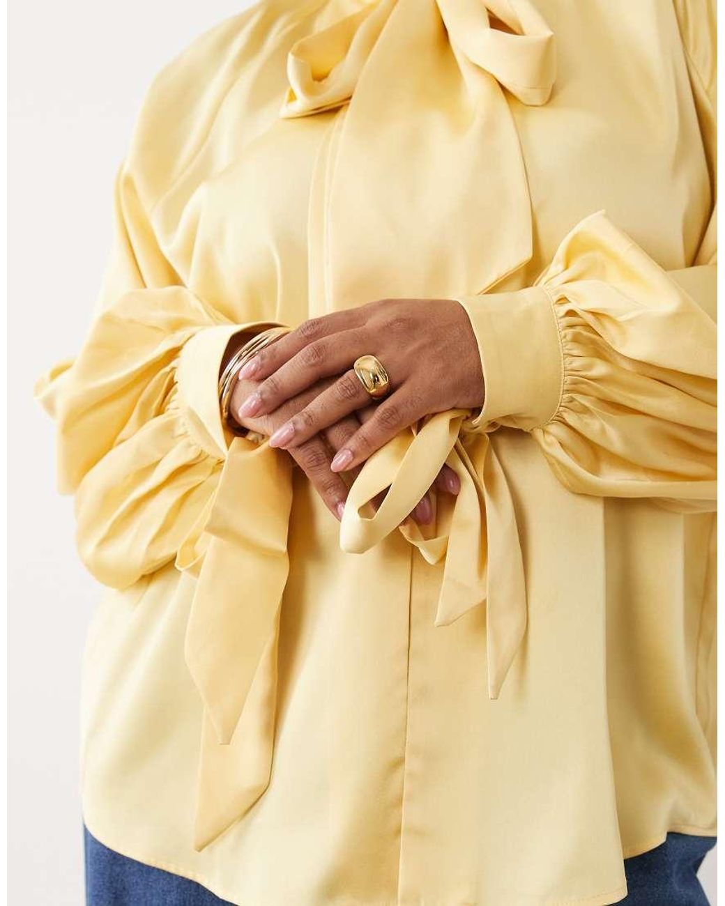 ASOS Yellow Asos Design Curve Satin Tie Cuff Tie Neck Button Down Blouse