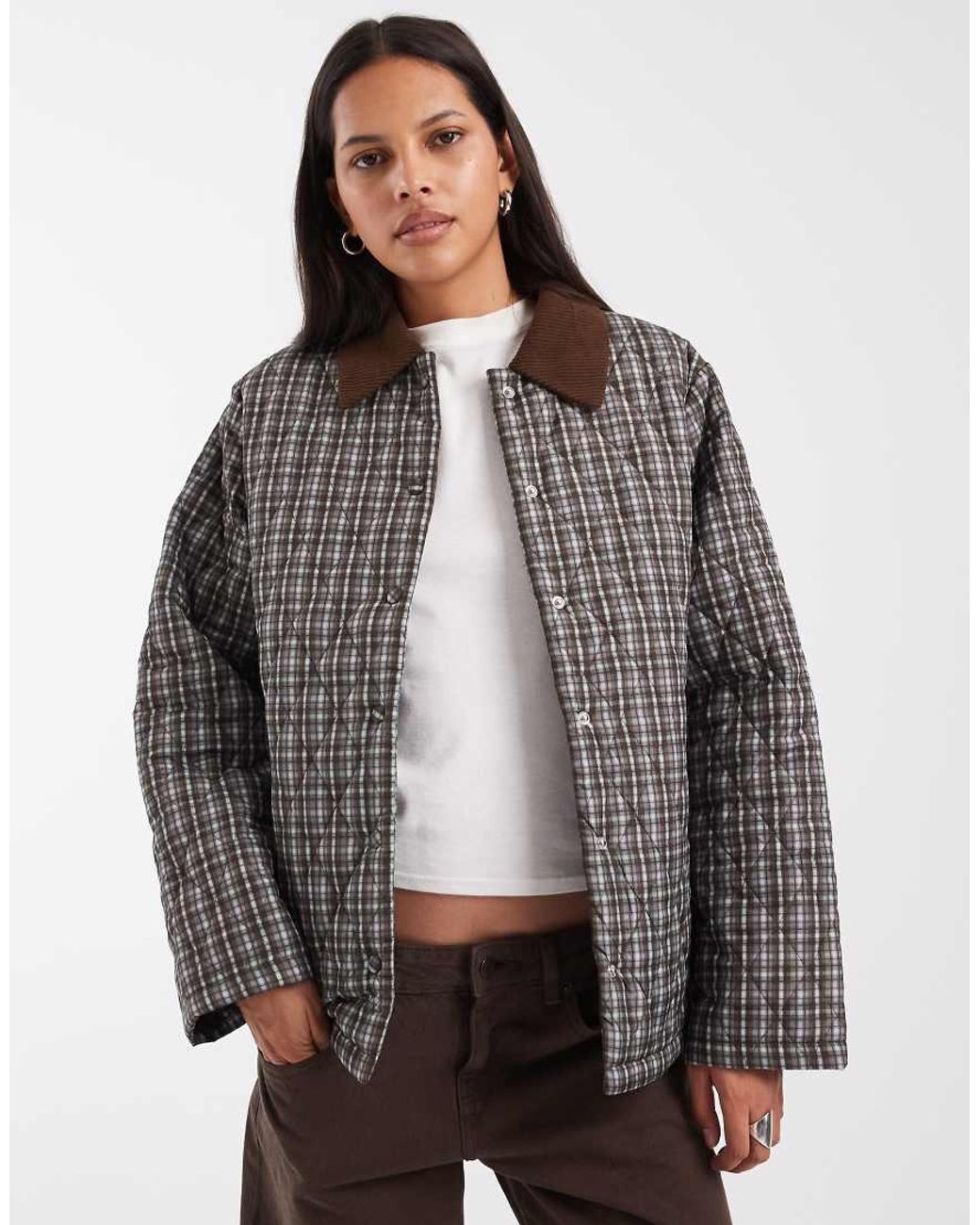 Pieces Gray Quilted Short Jacket With Cord Collar