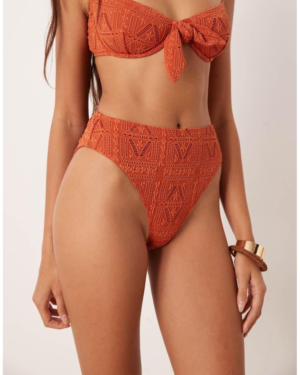 ASOS Brown Kyle Broderie Azores High Leg High Waist Bikini Bottoms