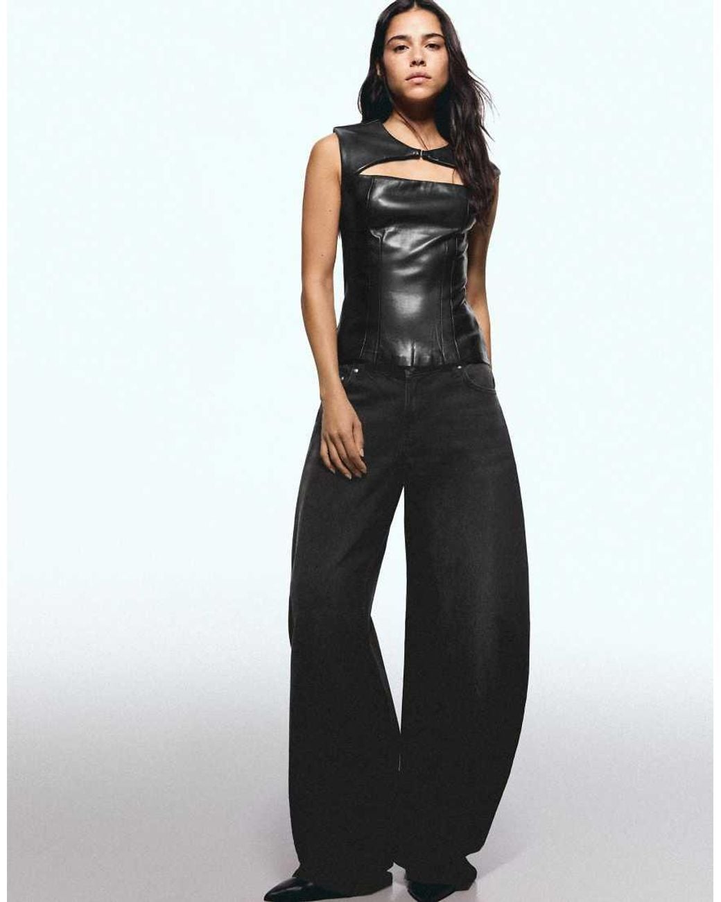 Bershka Blue Sleeveless Leather Effect Cut-out Top