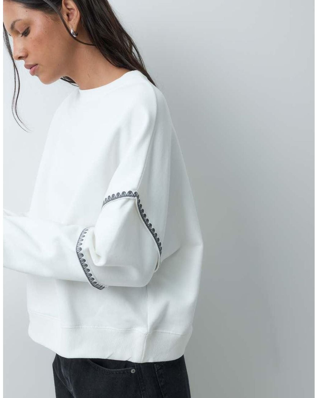 Mango White Oversized Embroidered Sleeve Sweater