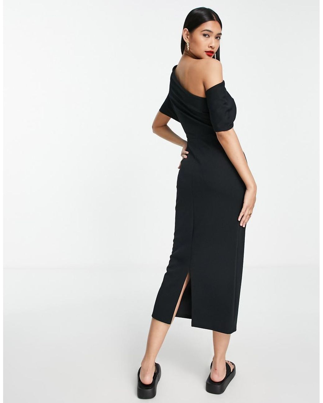 ASOS Black Pleated Shoulder Pencil Midi Dress
