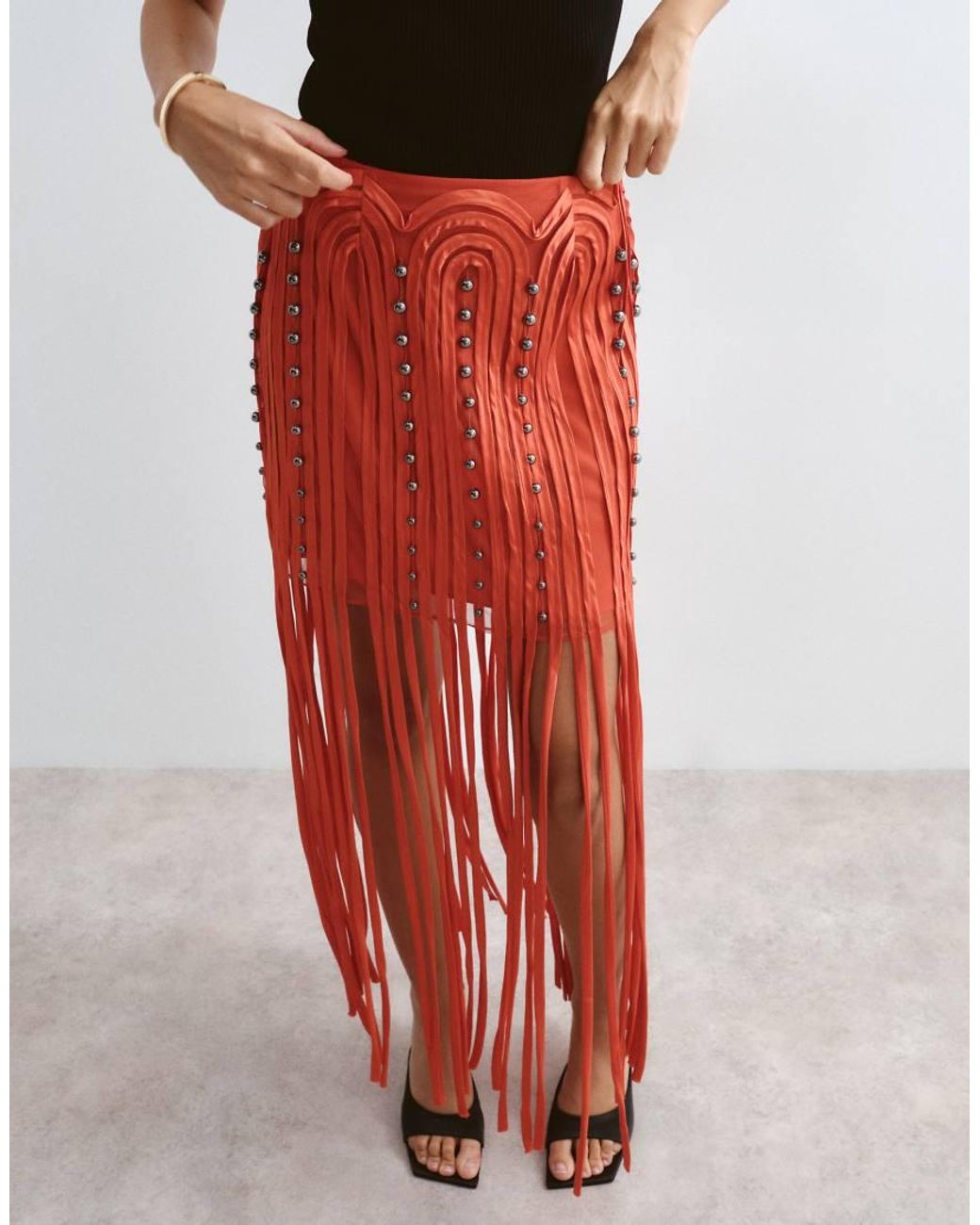 ARRANGE Red Beaded Linear Fringe Hem Midi Skirt
