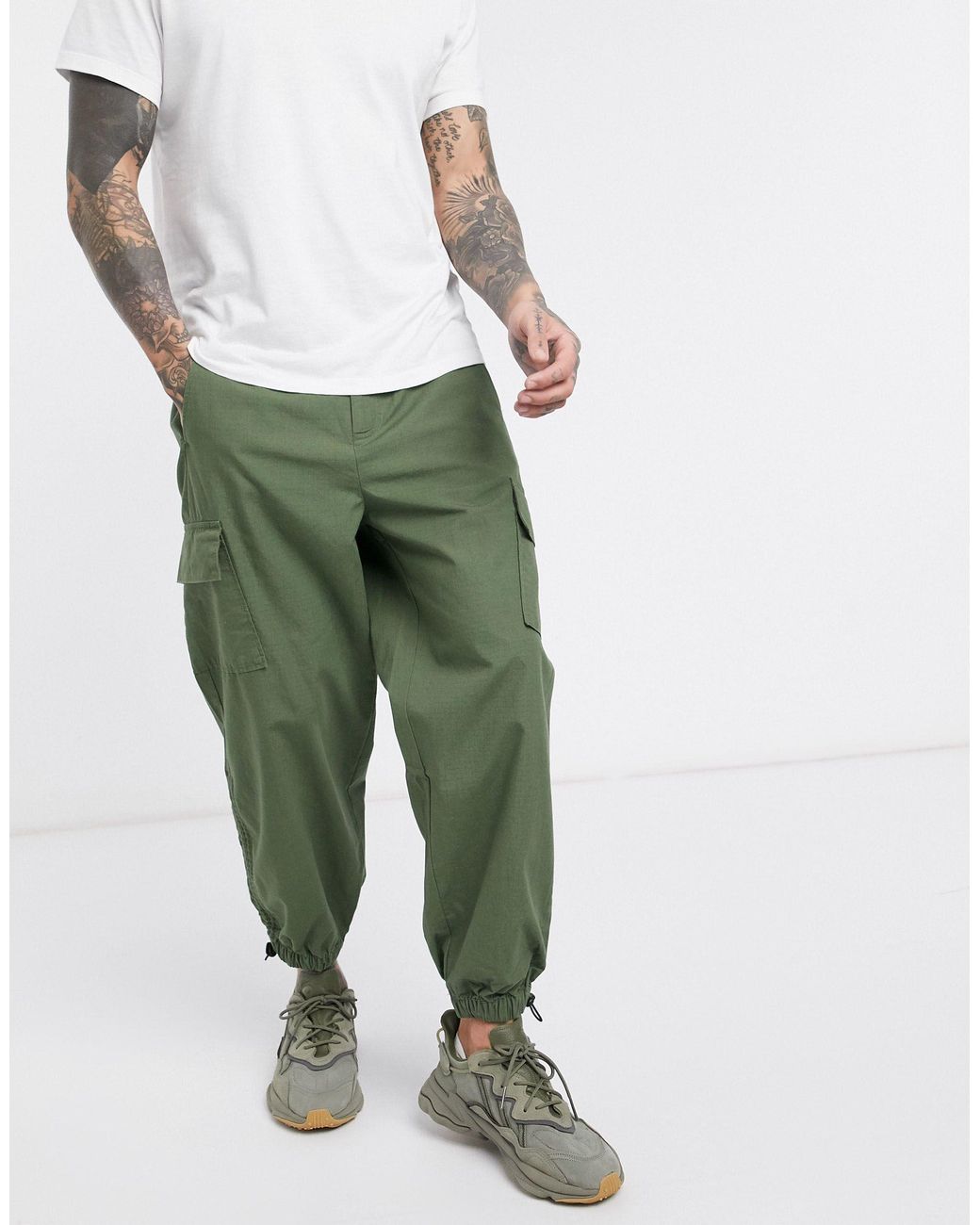 ASOS Denim Oversized Tapered Cargo Pants With toggle Hem in Green for Men - Lyst