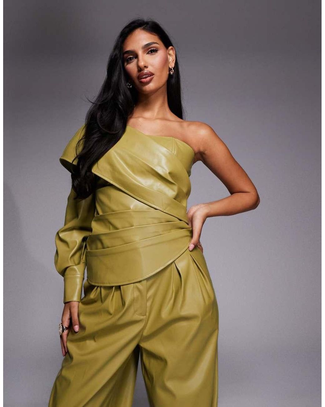 ASOS Green Pu One Shoulder Pleated Top