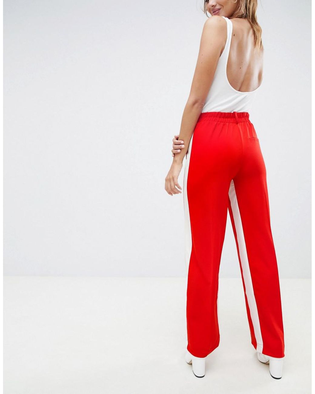Bershka Wide Leg Trouser With Side Stripe in Red | Lyst