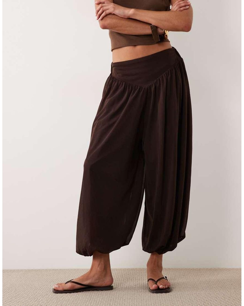ASOS Brown Cropped Soft Balloon Pants With Deep Waistband