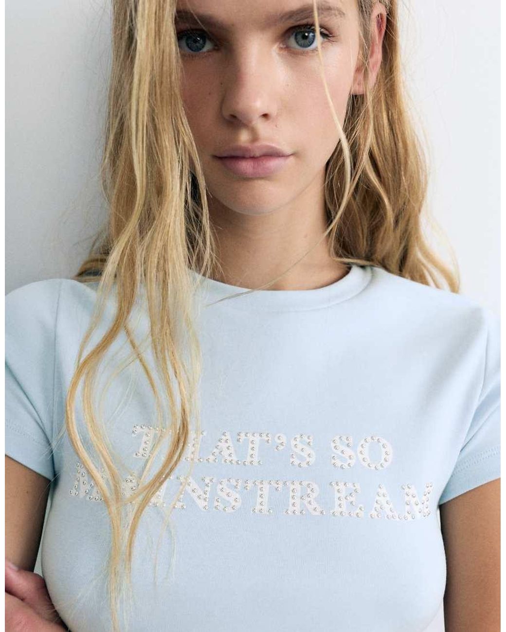 Pull&Bear Blue Studded Slogan T-shirt