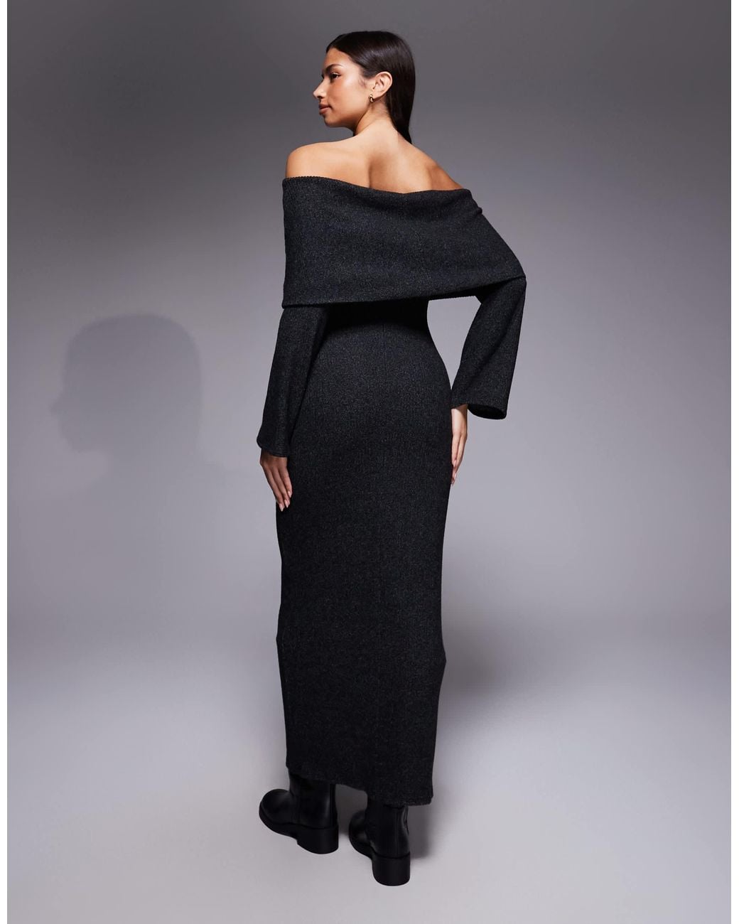 ASOS Ribbed Long Sleeve Fold Over Bardot Maxi Dress in Black | Lyst