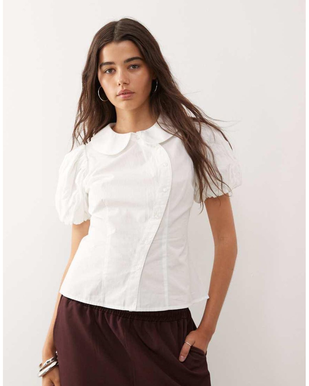 Reclaimed Vintage White Neat Fit Shirt With Asymmetric Buttons And Puff Sleeve