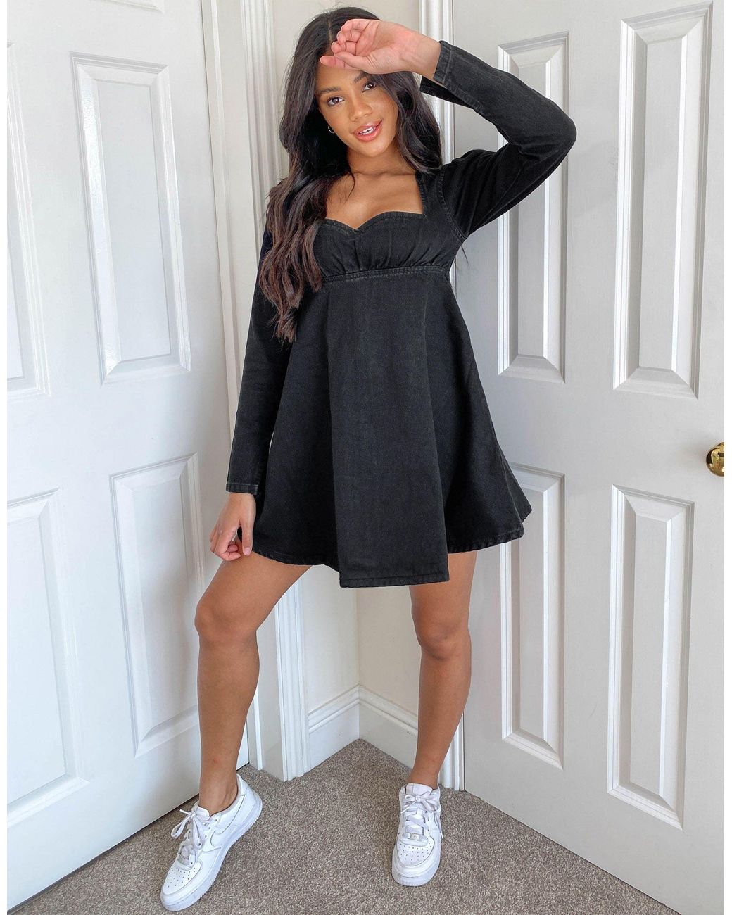 ASOS Denim Babydoll Dress With Sweetheart Neckline in Black | Lyst