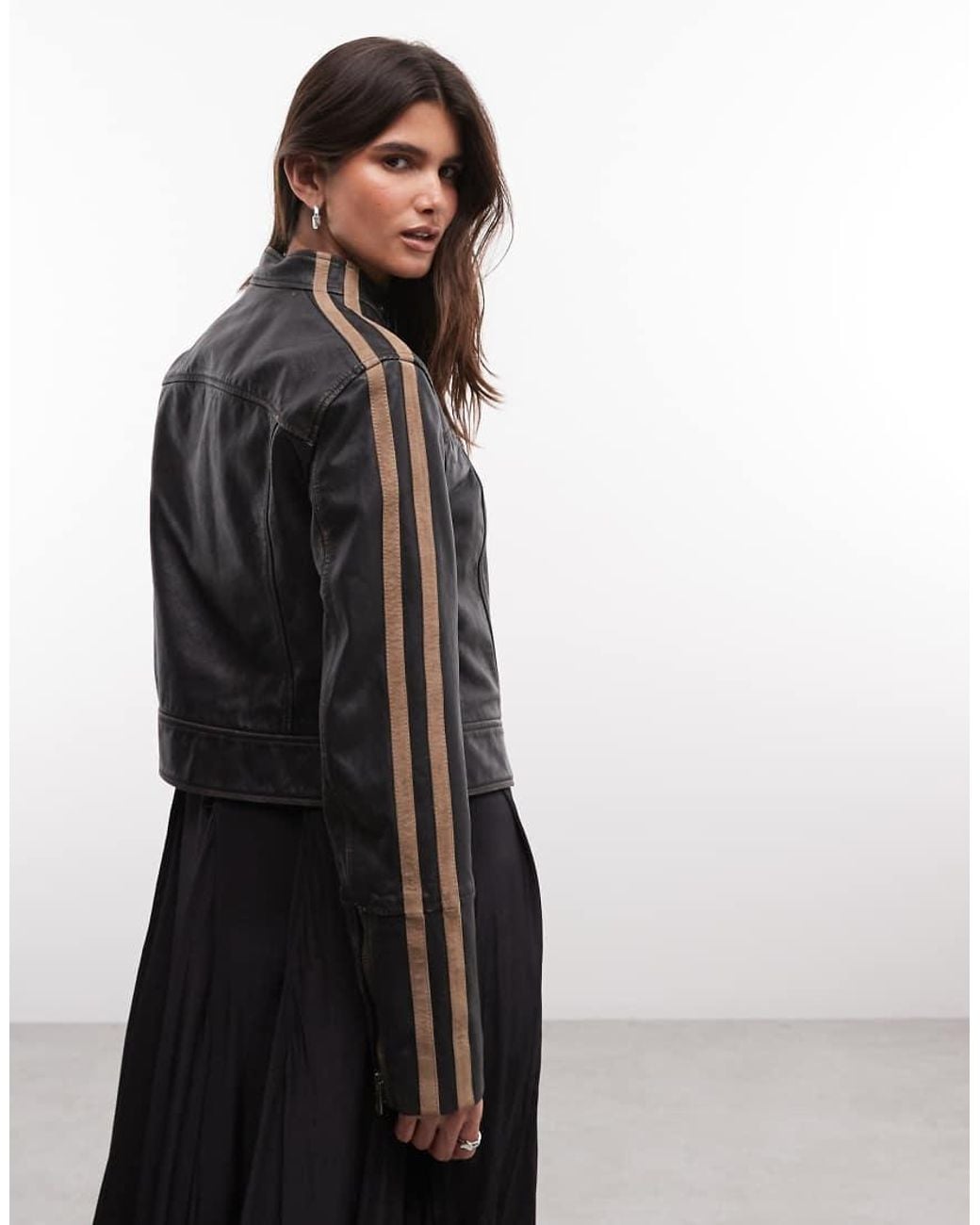 AllSaints Black tiggy Leather Biker Jacket With Racer Stripes And Zip Details