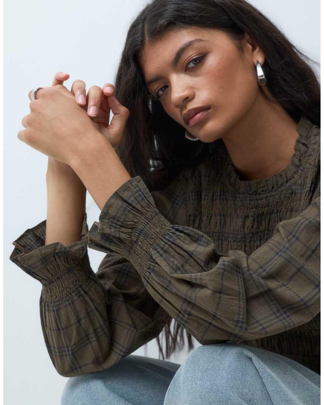 Mango Gray Teen Shirred Long Sleeve Top